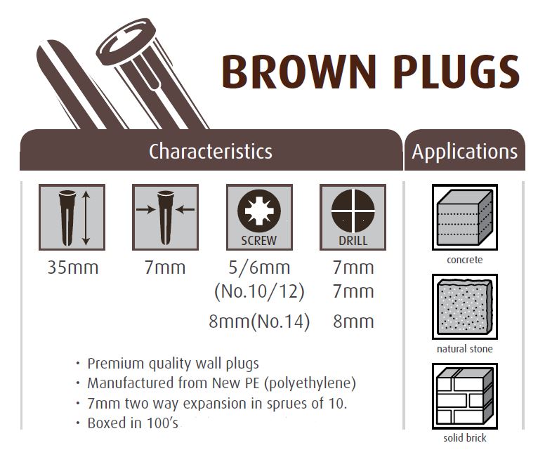 Brown Expansion Wall Plug (7.0mm) - (Qty 100)