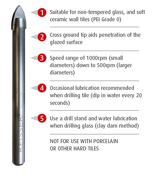Reisser 5 Piece Spear Point Premium Ceramic & Glass Tile Drill Bit Set 4-8mm